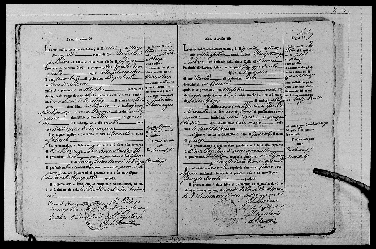Gabriele D'Annunzio – Registrazione dell'atto di nascita di Gabriele D'Annunzio avvenuta a Pescara il 13 marzo 1863 (AS Pescara, Fondo stato civile)